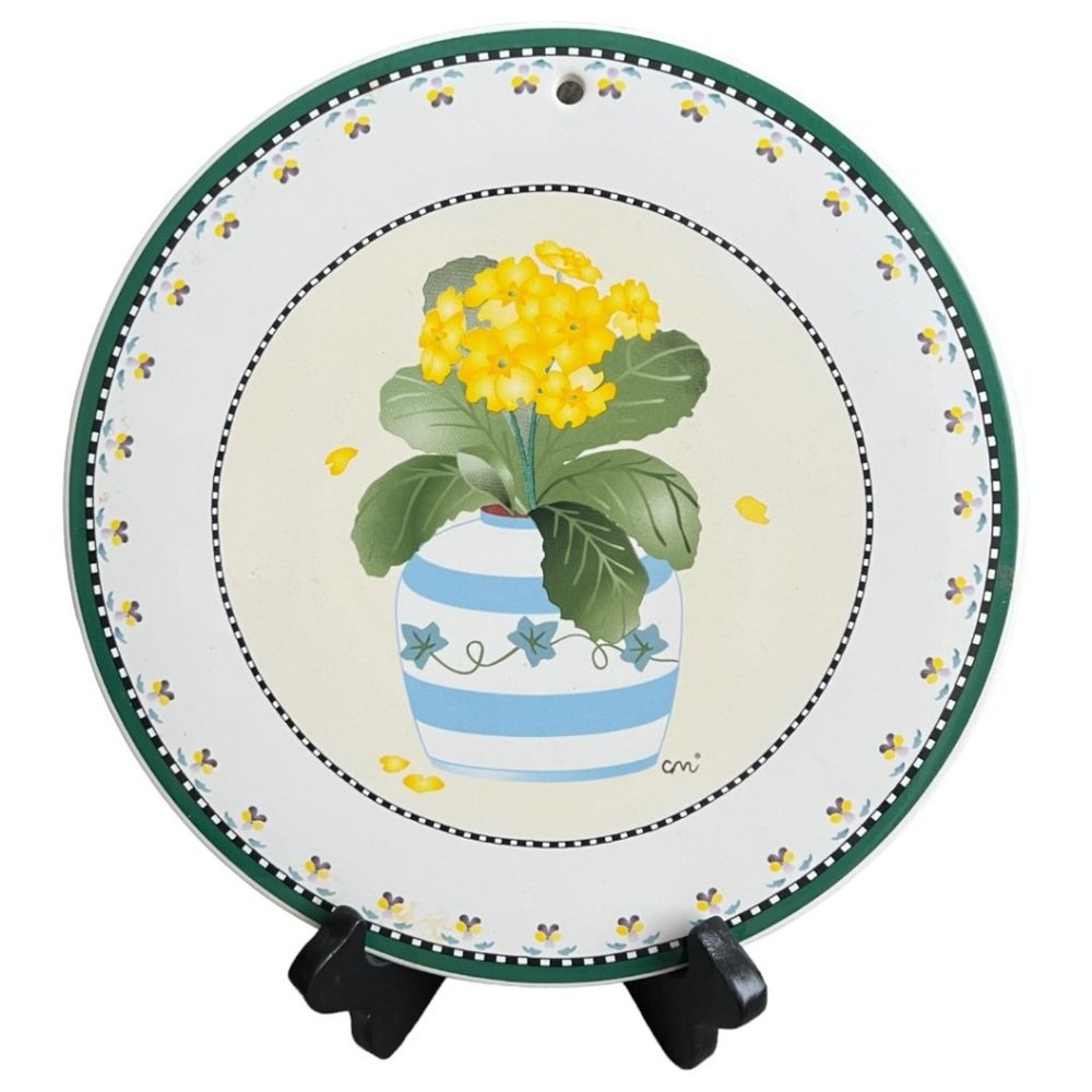 Vtg Sakura CLAIRE MURRAY "Potted Primroses" Stoneware TRIVET Yellow Primroses